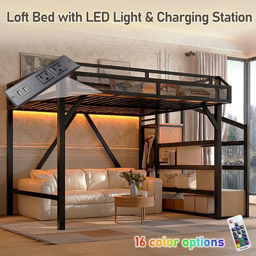 Bellemave Queen Loft Bed Frame with Storage Stairs, Beside Shelf & Wardrobe, Metal Queen Size Loft Bed with USB Ports&LED Light, Large Under-Bed Space Loft Beds for Adults,Teens, Kids, Black Natural Bellemave