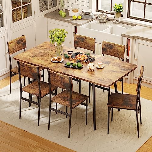 Qsun 63” Extendable Dining Table Set for 4-6 People, 7-Piece Dining Table Set for 6 People with 6 Chairs, MDF Wood Board Kitchen Table Set for Small Qsun