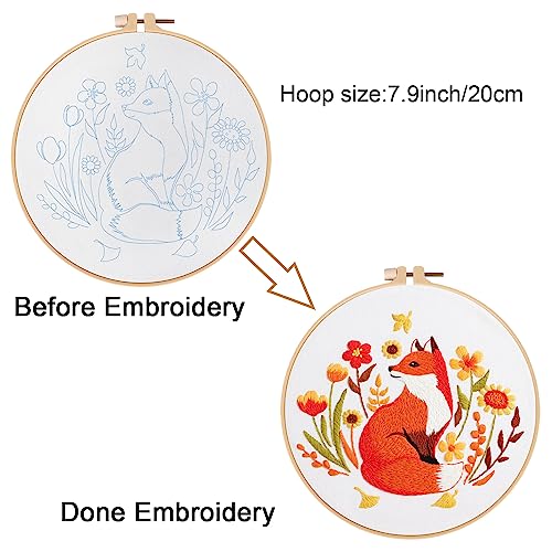 Louise Maelys Fall Fox Embroidery Kits for Beginners with Autumn Animal Pattern,Adults Starter Cross Stitch Kit DIY Needlepoint