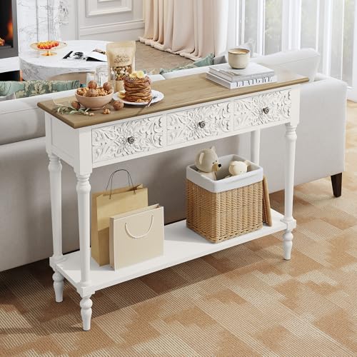 3More Entryway Console Table with 3 Drawers,42" Carved Hallway Table with Open Shelf,Long Sofa Table for Living Room, Hallway, Behind Couch,White 3More