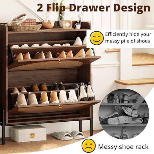 IRONCK Shoe Cabinet Storage with 2 Flip Drawers, Free Standing Wooden Shoe Storage Organizer Cabinet with Rattan Doors for Entryway, Narrow Shoe Rack Cabinet, Walnut IRONCK