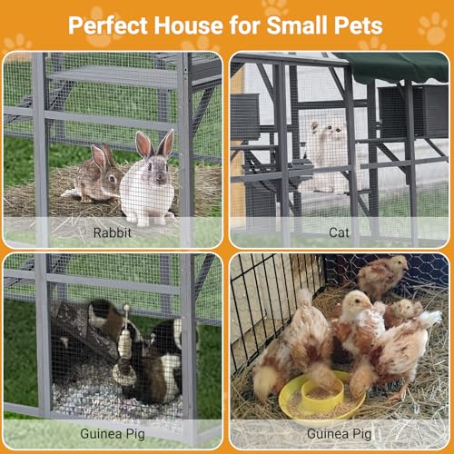 Garvee Large 3-Tier Outdoor Catio, Small Animal Enclosure with 2 Lockable Cat Doors and a Walk in Door, Large Cat House with Half Waterproof Cover, Portable Kitty House with Resting Boxes Garvee