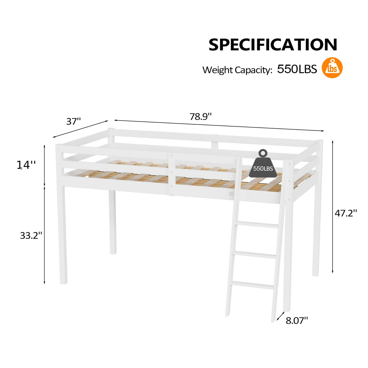 VINGLI 47'' Tall Junior Low Loft Bed with Stairs, White Wood Loft Bed Twin Size for Adults, Kids and Young Teens, No Box Spring Required,Wood Slat Support VINGLI