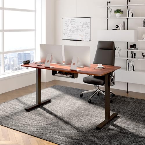 FLEXISPOT EN2 Whole-Piece Standing Desk with Clamp Power Strip, 55 x 28 Electric Stand Up Height Adjustable Desk with Cable Management (Black Frame + 55" Mahogany Top, 2 Packages) FLEXISPOT