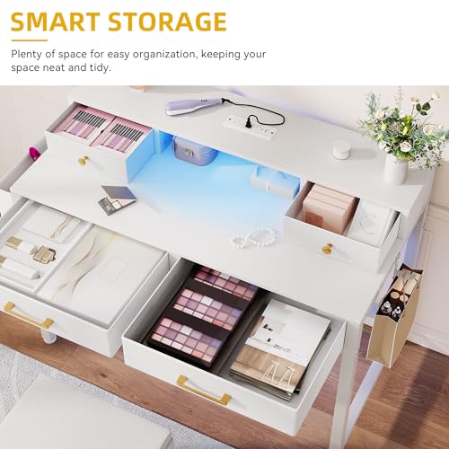 DWVO Small Vanity Table with Stool, RGB Light Strips, Makeup Desk with Storage Drawers, Charging Station, Side Hook & Fabric Pocket, Mirrorless DWVO