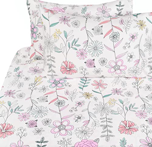 J-pinno Painting Flower Plant Cute Cozy Fun Full Sheet Set for Kids Girls Children 100% Cotton Flat Sheet + Fitted Sheet + Pillowcase Bedding Set (Flower, Full) J-pinno