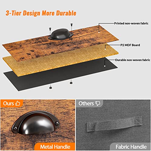 Furologee End Table with Storage Shelf and Fabric Drawer, 2 Tiers Industrial Nightstand, Bedside Table Organizer, 23.6 Inch Tall Side Table for Living Room Bedroom, Rustic Brown, Easy Assembly Furologee