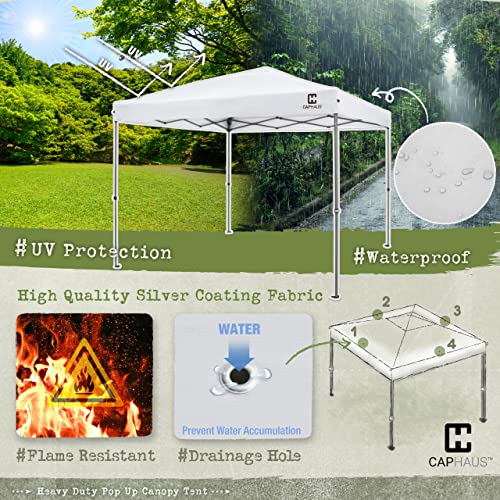 CAPHAUS 12ft x 12ft Patented One-Push Pop Up Outdoor Canopy Tent, Heavy-Duty Commercial Grade w/Central Lock, Portable and Instant Folding Shelter with Wheeled Carry Bag and Weight Bag, White CAPHAUS
