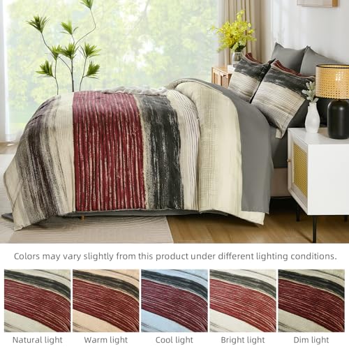 WONGS BEDDING Red King Size Comforter Set, 7 Pieces Striped Bed in a Bag Comforter and Sheet Set, Boho Lightweight Microfiber King Bedding Set for All Season (104" x 90")