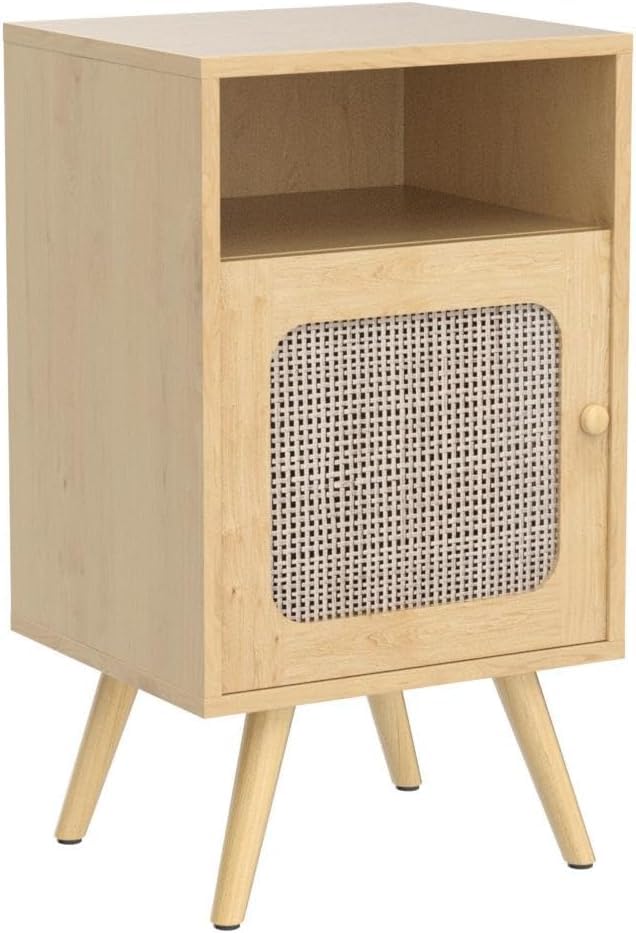 Buytime Nightstands Set of 2 with Charging Station, Boho Bedside Tables with Solid Wood Feet, Mid Century Side Table with Rattan Decorated Drawer, End Table with Storage for Bedroom, Natural, 2 Pack Buytime