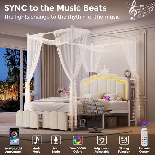 Full Velvet Upholstered LED Canopy Bed Frame with 2 Storage Drawers and Charging Station, Crown Headboard with Bookshelf, Two-Use Princess Platform Bed with 4 Removable Posts,Metal Slats Support-Beige