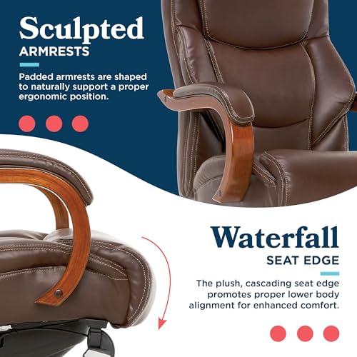 La-Z-Boy Delano Big & Tall Executive Office Chair, Ergonomic Mid-Back Body Pillow Lumbar Support, ComfortCore Memory Foam Cushion, Mahogany Wood Arms & Swivel Base, Bonded Leather, Chestnut Brown La-Z-Boy