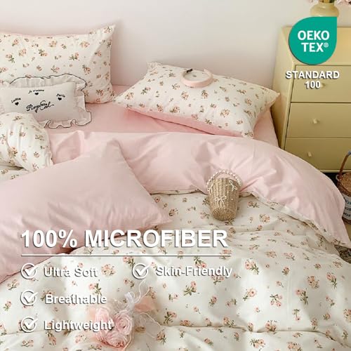 Erwinmu Floral Duvet Cover Set Twin Size,Pink Floral Flowers Bedding Duvet Cover with Zipper Closure,Reversible Comforter Duvet Cover and 1 Pillowcase Erwinmu