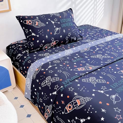 Homilay Twin Sheet Set Kids - Universe Navy 3 Pieces Soft Microfiber Cartoon Style Bedsheets for Boys Girls Teens, Oeko TEX, Breathable Deep Pocket Sheets(Space Rocket) Homilay