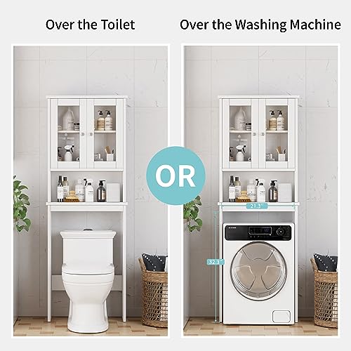 Shintenchi Over The Toilet Storage Cabinet, Bathroom Shelf Organizer with Anti-Tip Device Small Freestanding Space Saver with Adjustable Shelf and Glass Door, White Shintenchi