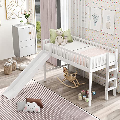 Bellemave Twin Size Loft Bed with Ladder & Slide, Toddler Loftbeds with Safety Rails,Wood Twin Low Loft Bed with Storage Space for Kids Toddler (White) Bellemave