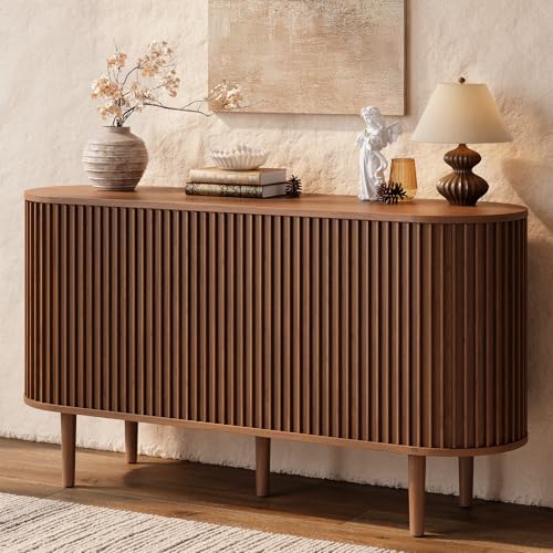 ONBRILL 55" Buffet Sideboard Cabinet with Sliding Doors, Mid-Century Modern Sideboard Buffet Cabinet with Storage & Adjustable Shelves, Accent Coffee Bar Console Table for Kitchen, Entryway, Walnut ONBRILL