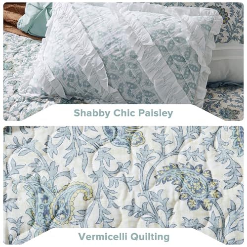 Madison Park 100% Cotton Quilt Set Floral Print, Double Sided Stitching, All Season, Lightweight Coverlet Shabby Chic Bedding Layer, Matching Shams, Full/Queen, Light Teal 6 Piece,Aqua Madison Park