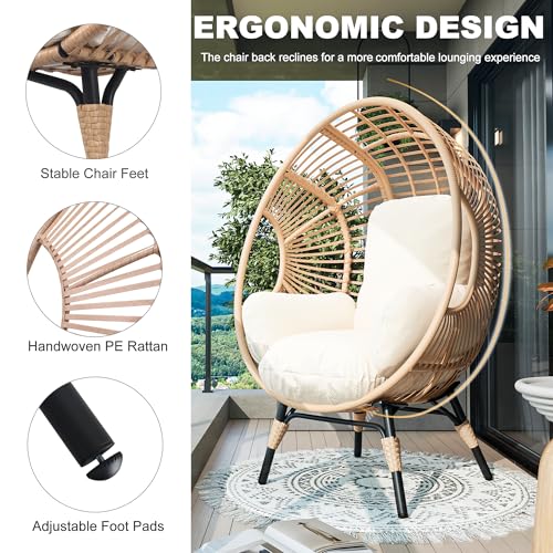 LUTINLIX Oversized Wicker Egg Chair Outdoor Indoor,Patio Lounge Chair with Thicken Cushions, Egg Reading Chair 500lbs Capacity for Garden, Backyard, Porch,Bedroom (Beige-Regular, 1pcs) LUTINLIX