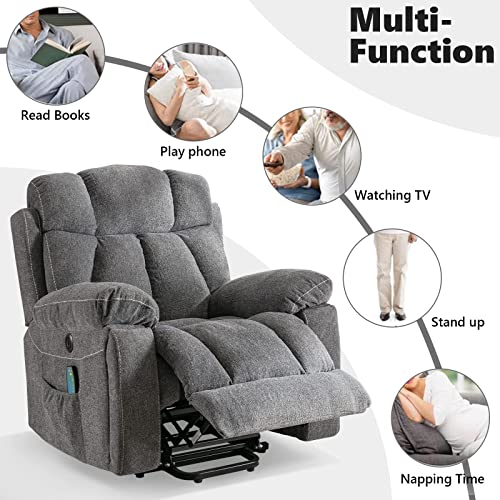 CANMOV Large Power Lift Recliner Chairs with Massage and Heat for Elderly Big People, Heavy Duty Motion Reclining Mechanism-Anti Skid Fabric Recliner Chair with 2 Concealed Cup Holders,Dark Gray CANMOV