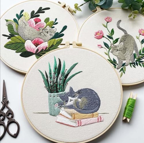 Mozzyyee 4pcs Cat Embroidery Kits for Beginners, DIY Adult Beginner Embroidery Sets with Instructions, 2 Plastic Embroidery Hoops,Scissor, Threads and Needles (Grey Cats)