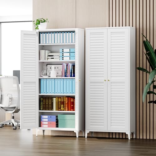 GangMei Metal Kitchen Pantry Cabinet with 2 Doors,Metal Pantry Cabinet with 5 Adjustable Shelves for Kitchen,Home,74.2" H × 31.5" W × 15.75" D,Required Assembly, White GangMei