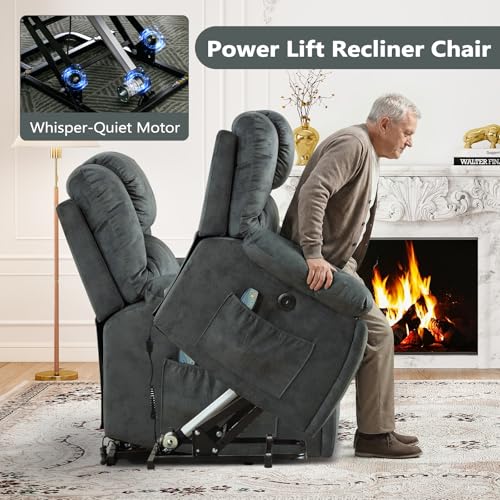 ANJ Large Power Lift Recliner with Hidden Cup Holders for Elderly, Large Electric Reclining Lift Chair with Massage and Heat, Overstuffed Lifting Chairs with Side Pockets for Living Room, Dark Green