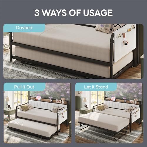 LIKIMIO Daybed with Trundle Bed, Twin Bed Frame with Storage Headboard and Charging Station, Sofa Day Bed with Strong Supports for Living Room, Bedroom, and Guest Room, Cream LIKIMIO