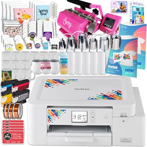 Brother SP-1 Dye-Sublimation Printer Bundle with 7-in-1 Pink Tumbler, Mug & Cup Press, Full Ink Set, 310 Sublimation Transfer Sheets, Sublimation Blanks, Tape and More