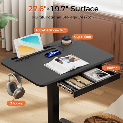 JYLH JOYSEEKER Mobile Standing Desk with Drawer, 28" Rolling Desk with Cup Holder and Hooks, Portable Laptop Workstation on Wheels, Height Adjustable Cart with Storage for Home Office, Black JYLH JOYSEEKER
