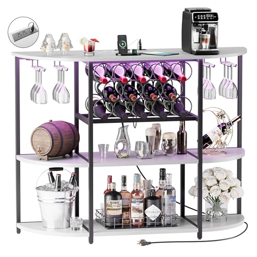 VICTONE Wine Bar Cabinet with LED Lights and Power Outlets, Freestanding Coffee Liquor Bar Cabinet with Glass Holder, Wine Rack Table for Home Kitchen Dining Room (White) VICTONE