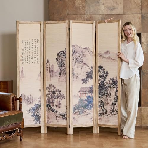 Svimi Asian Style Room Divider - 4 Panel Plum Blossom/Mountain/Calligraphy Design with Wood Frame, Freestanding Partition Screen (67″H x 64″W) (Nature, Calligraphy) Svimi