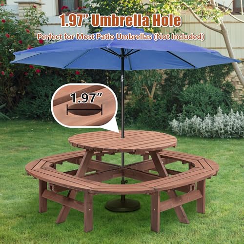 10-12 Person Picnic Table Round Outdoor Dining Table with Umbrella Hole,1 Built-in Ring Stool,Wooden Outside Picnic Tables and Bench Set for Garden,Patio, Backyard,2500LBS Total Capacity,Walnut Brown Pvillez
