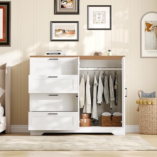 GarveeHome Multifunctional Wooden Dresser for Bedroom, 43.3'' H 2 Door Wardrobe Armoire Closet with 4 Drawers and Hanging Rod, Low Storage Cabinet for Hanging Cloth, White and Brown GarveeHome