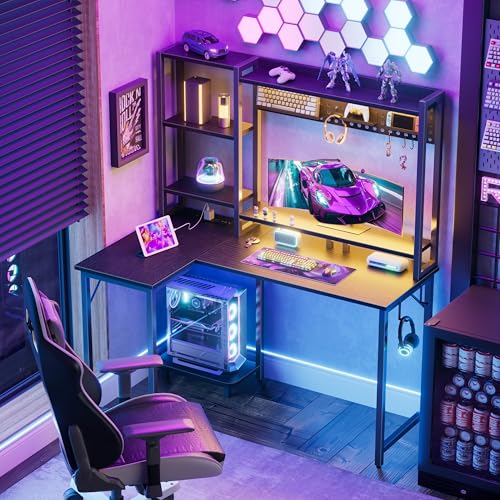 MEUIS L Shaped Gaming Desk with Shelves - 48 inch Corner Computer Desks with Storage Hutch Shelf Reversible Pegboard Led Lights Power Outlets PC Monitor Stand for Bedroom, Black MEUIS
