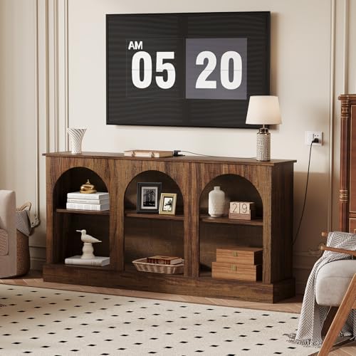GarveeLife 63" Mid Century Modern TV Stand, Modern Console Table with Charging Station for Entryway Living Room, Modern Entertainment Center 3-Tier Rustic Brown Media Console for TV Up to 65 70 Inch GarveeLife
