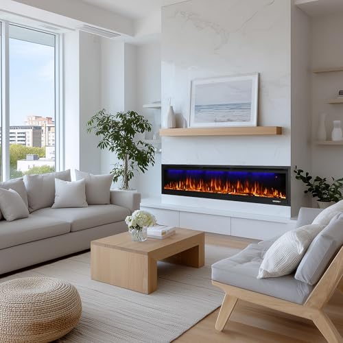 Rodalflame 74" WiFi-Enabled Electric Fireplace Insert, APP Smart Control, Wall Mounted&Recessed Linear Fireplace Heater with Thermostat, Flame&Top Lights, Log&Crystal, Timer RODALFLAME