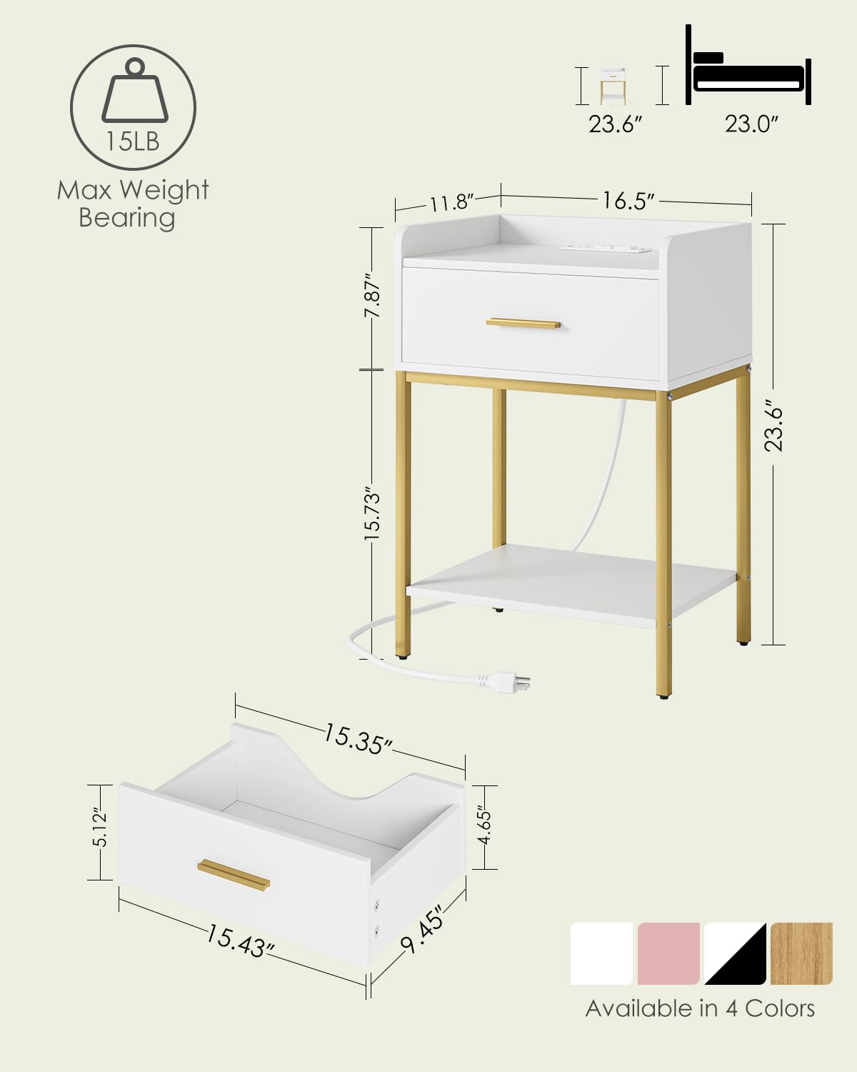 AEPOALUA Nightstand with Charging Station,Bedside Table with Drawer and 2 Shelf Storage, Small Side Table, Modern White Night Stand, Tall End Table for Bedroom, Living Room (White-Gold Legs) AEPOALUA