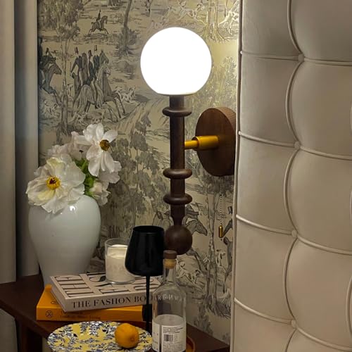 RXPVUXE Vintage Wood Wall Sconce Globe Glass Wall Lamp with Pull Chain Switch, Farmhouse Bedside Aisle Deco Lighting Fixture Retro Modern Wooden Wall Light for Living Room Hallway Stairs, E27 RXPVUXE