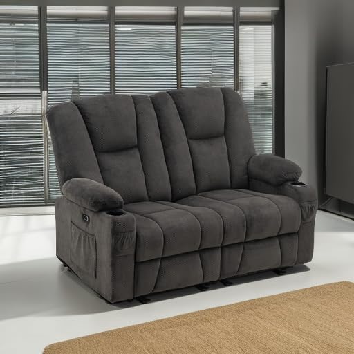 MCombo 61.8" Power Loveseat Recliner with Heat and Vibration, Fabric Electric Reclining Loveseat, USB Charge Port, Cup Holders for Living Room 6025 (Grey) MCombo