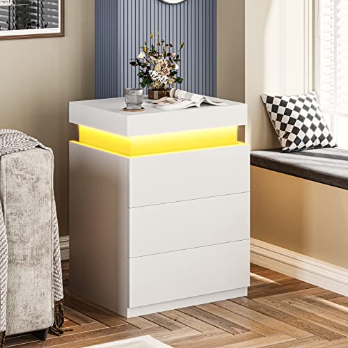 ADORNEVE Nightstand with Charging Station and LED Lights,Night Stand with Sliding Top for Bedroom,Bedside Table with Drawers,Modern End Side Table,White ADORNEVE