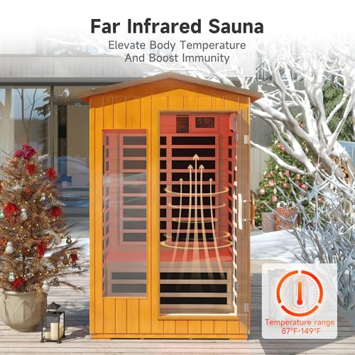 springspa Outdoor Infrared Sauna 2 Person for Home, 15amp Low EMF Far Infrared Spruce Wooden Sauna at Home with Bluetooth,LCD Panel springspa