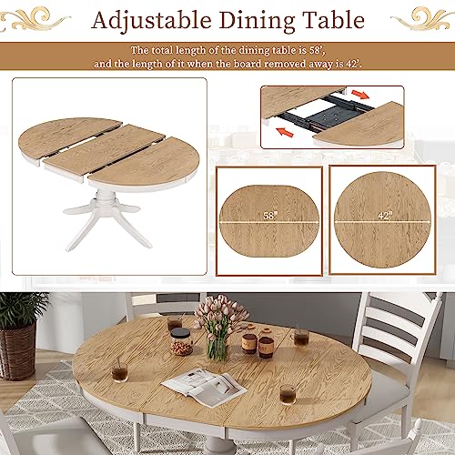 LUMISOL Extendable Round Dining Table Set for 4-6 People, Farmhouse Dining Room Kitchen Table Set with 4 Upholstered Chairs, 5-Piece Solid Wood Kitchen Table Set, Off White LUMISOL