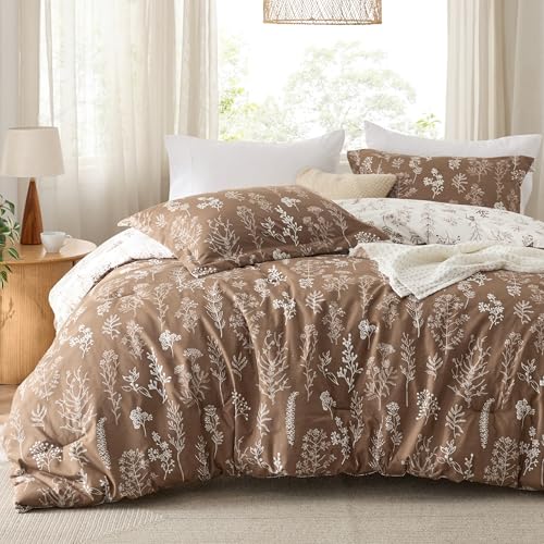 Bedsure Twin/Twin XL Comforter Set - Brown Bed Set, 2 Pieces Cute Floral Bedding, 1 Soft Reversible Botanical Flowers Comforter and 1 Pillow Shams Bedsure