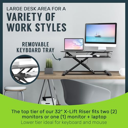 TechOrbits Standing Desk Converter - 32 Inch Adjustable Sit to Stand Up Workstation, Particle Board, Dual Monitor Desktop Riser with Keyboard Tray, for Home Office Laptop, Black 32" TechOrbits