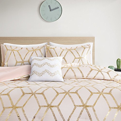 Comfort Spaces Vivian Comforter Set Ultra Soft All Season Lightweight Modern Geometric Glam Metallic Print Bedding, Matching Sham, Decorative Pillow, Full/Queen, Geometric Blush/Gold Comfort Spaces