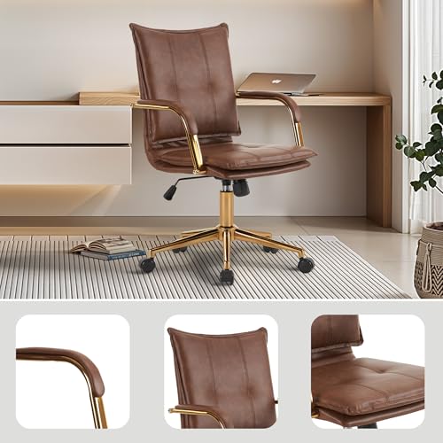 MOJAY Mid-Back Ergonomic Leather Office Desk Chair, Modern Upholstered Computer Chair, Executive Office Chair with Arms, Swivel Adjustable Rolling Chair with Gold Base (Brown) MOJAY