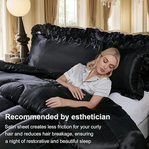 Satin Queen Comforter Set Silk Like Satin Bedding Set Hotel Soft Polyester Black Bed Set Luxury Silky Pillow Cover with Quilt Set Ruffle Down Comforter Home Decor Bedding_Dreamer