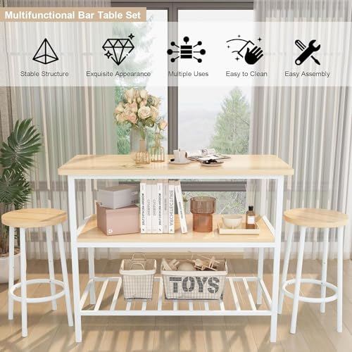 AWQM 3-Piece Beige Bar Table Set with Storage & Stools for Small Spaces AWQM