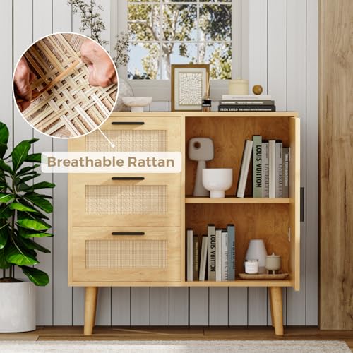 KFO Storage Cabinet, Rattan Sideboard Cabinet with 3 Drawers & Door, Wooden Buffet Cabinet for Living Room, Dining Room, Hallway, Kitchen, Entryway… KFO